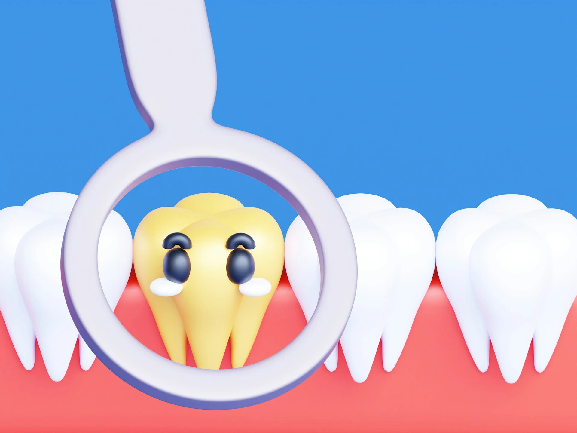 A 3D cartoon depicts a decayed tooth surrounded by other healthy teeth