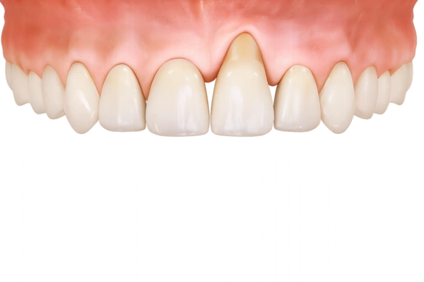 3D dental illustration of an upper arch of teeth showing localized gingival recession with a significantly exposed root surface on the left central incisor tooth.