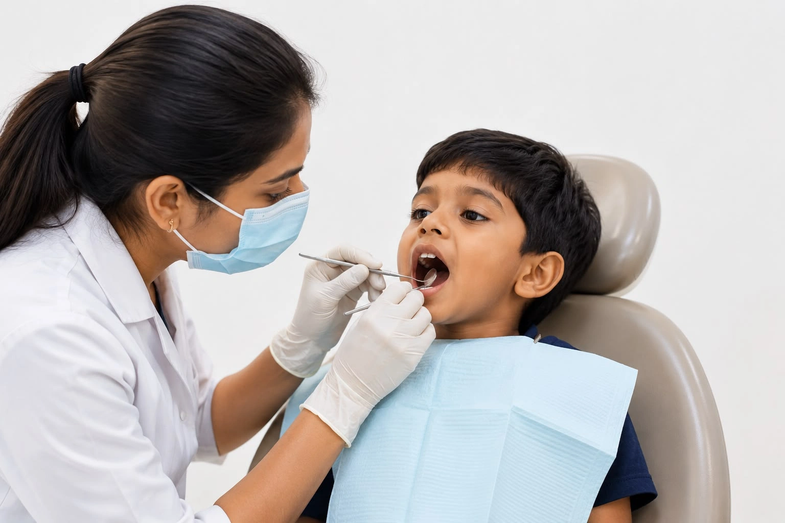 A dentist inspecting a child patient's teeth during a gentle oral examination at a pediatric dental clinic
