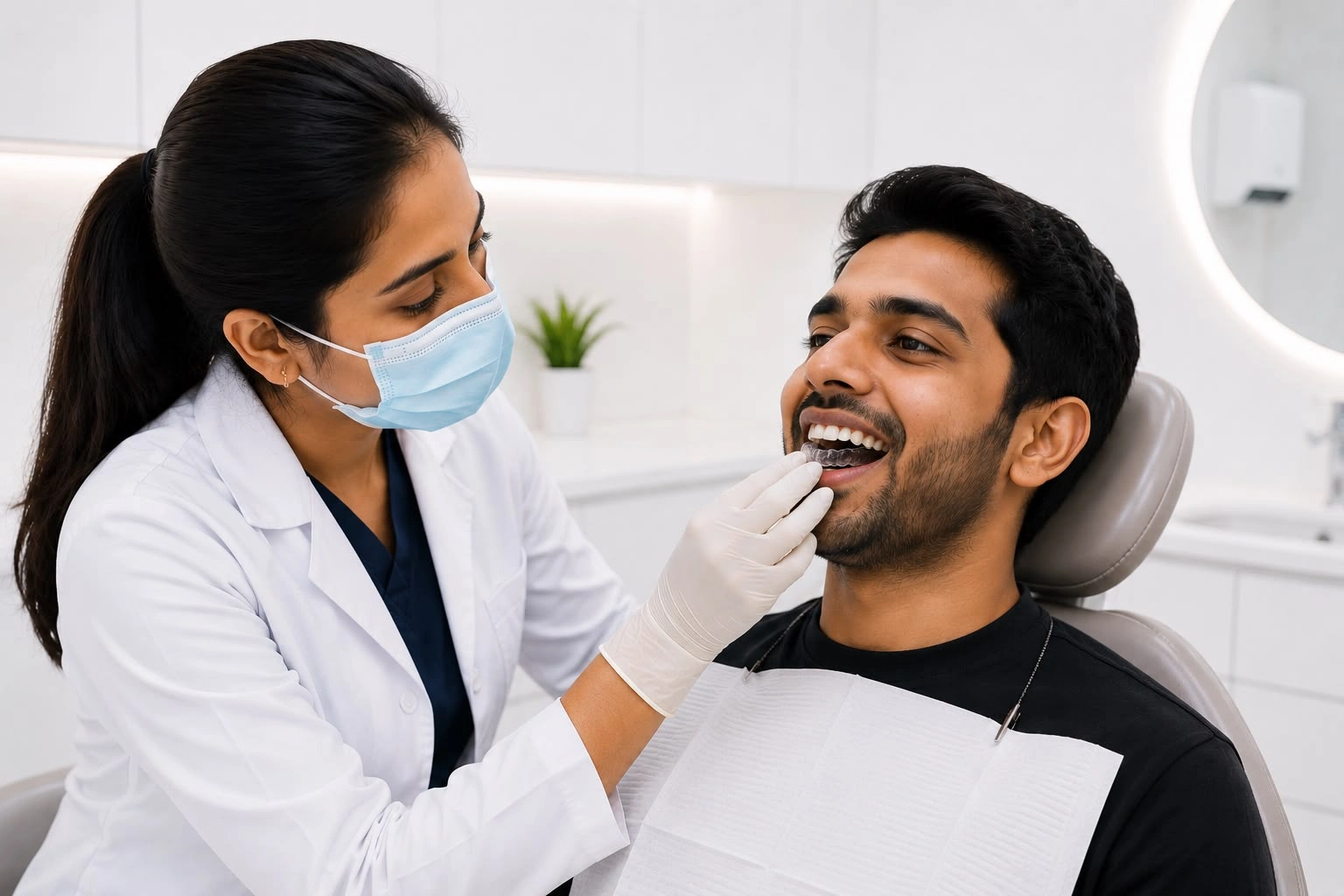 A female dentist fitting a clear plastic orthodontic retainer into a smiling male patient's mouth.