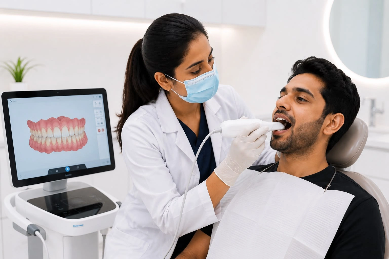 A female dentist using a handheld intraoral scanner to capture a 3D digital impression of a male patient's teeth.