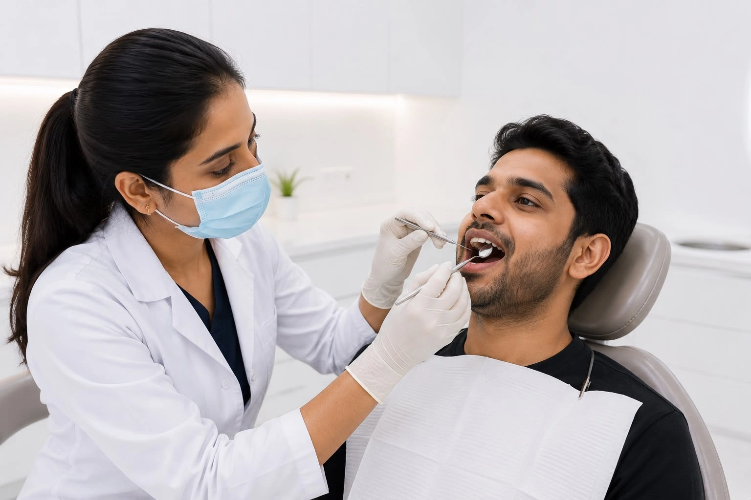 A female dentist using a mouth mirror and explorer tool to perform a routine dental checkup on a male patient.