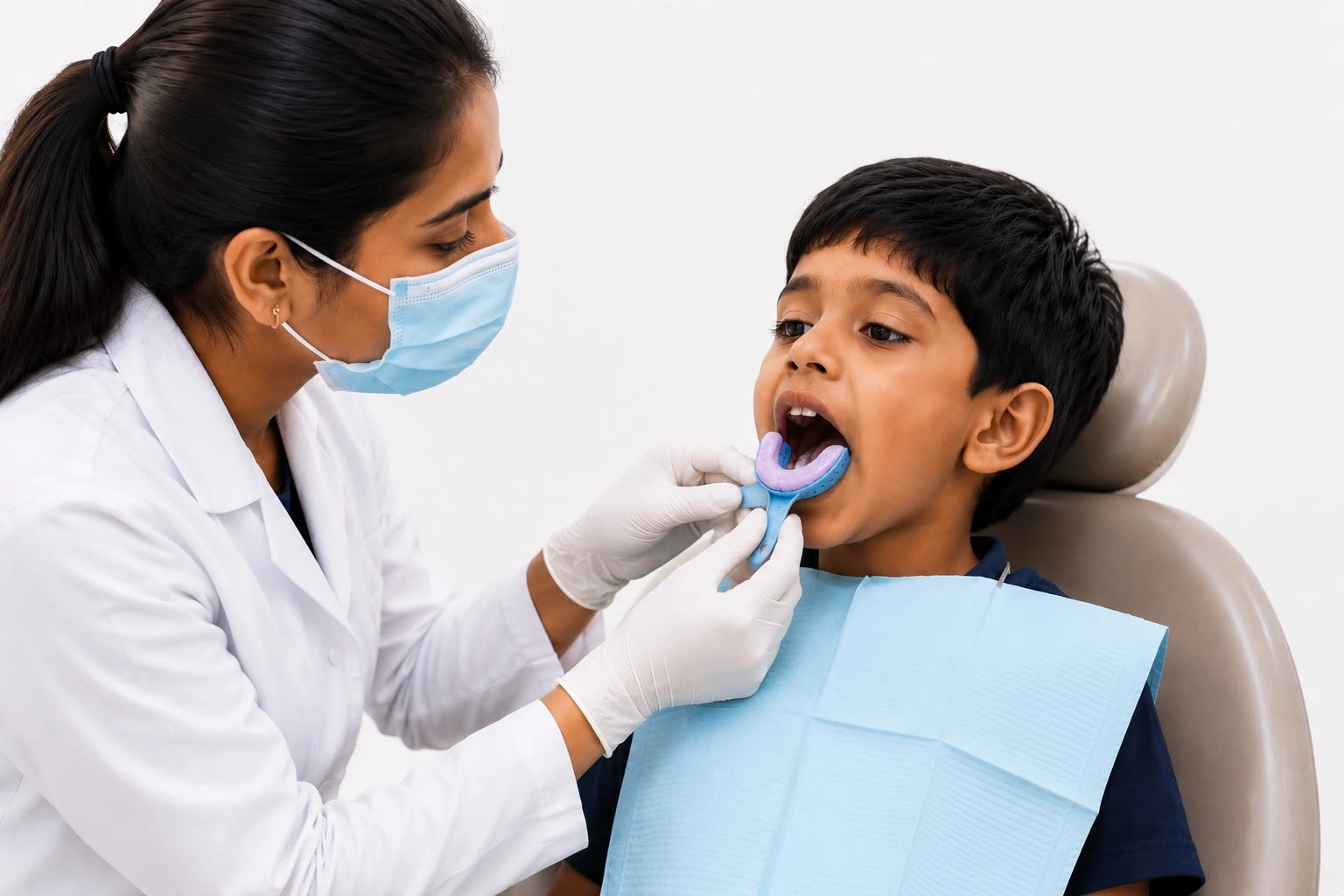 A female pediatric dentist taking a dental impression using a blue mouth tray to custom-craft a child's space maintainer.