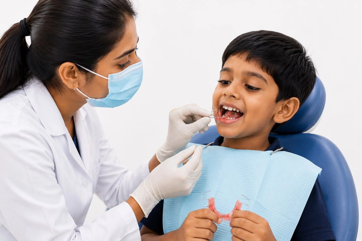 A female pediatric orthodontist adjusting a removable Hawley retainer for a young boy sitting in a dental chair.