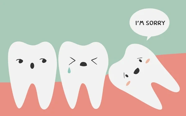A fun vector graphic of a horizontally impacted wisdom tooth apologizing to a crowded, painful back tooth