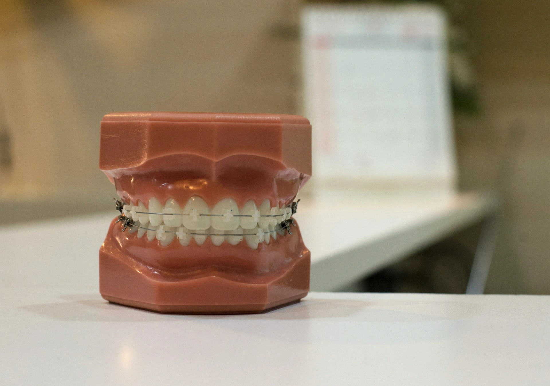A dental typodont jaw model showcasing clear ceramic braces and tooth-colored orthodontic brackets on a clinic desk