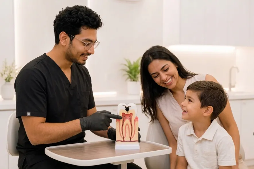 Children's dentist demonstrating tooth decay prevention to a young boy and his parent during a checkup.