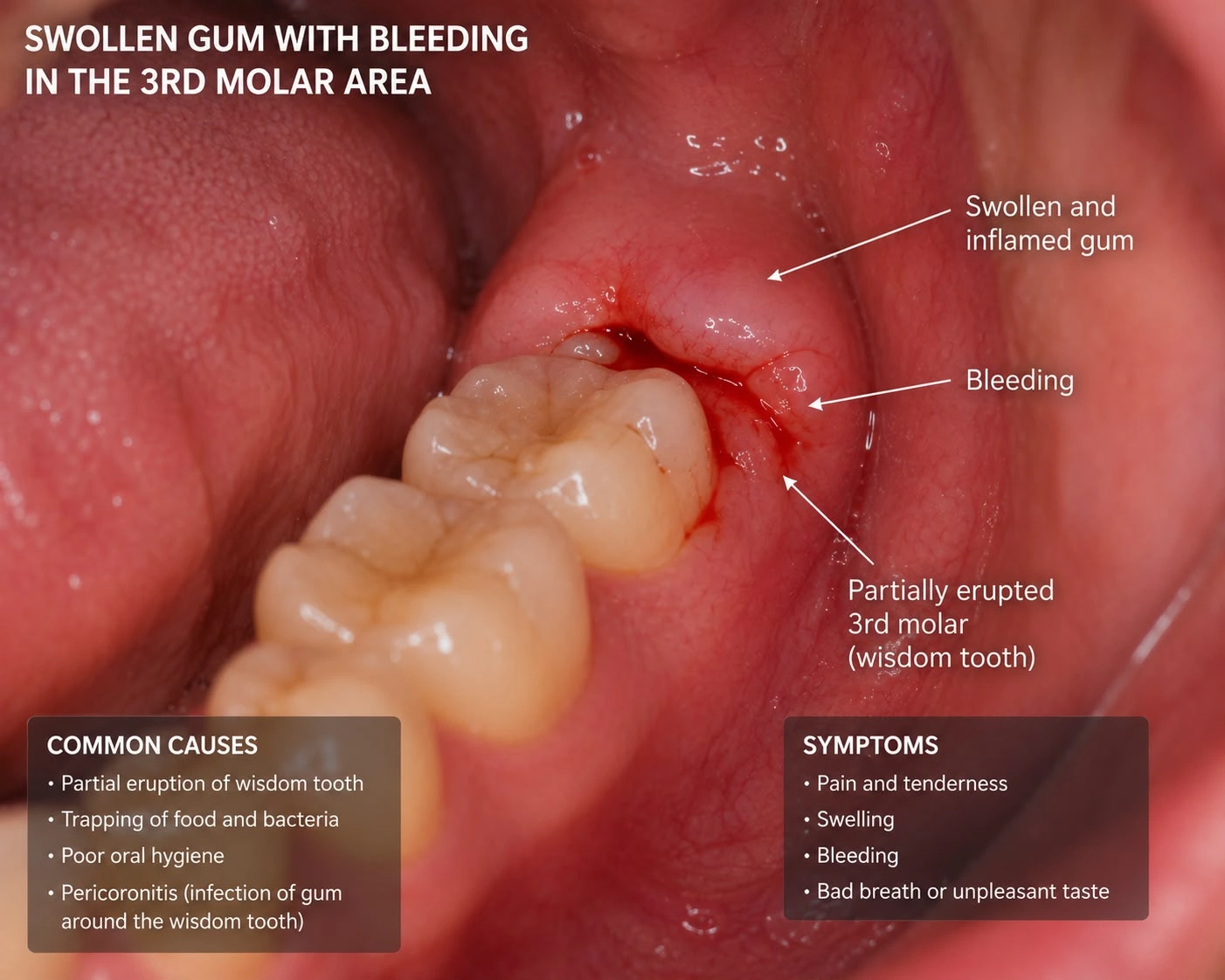 Close-up clinical image of an intraoral view highlighting a partially erupted third molar or wisdom tooth with severe pericoronitis, marked by swollen, inflamed, and bleeding gum tissue over the biting surface, complete with descriptive text labels detailing common causes and symptoms.