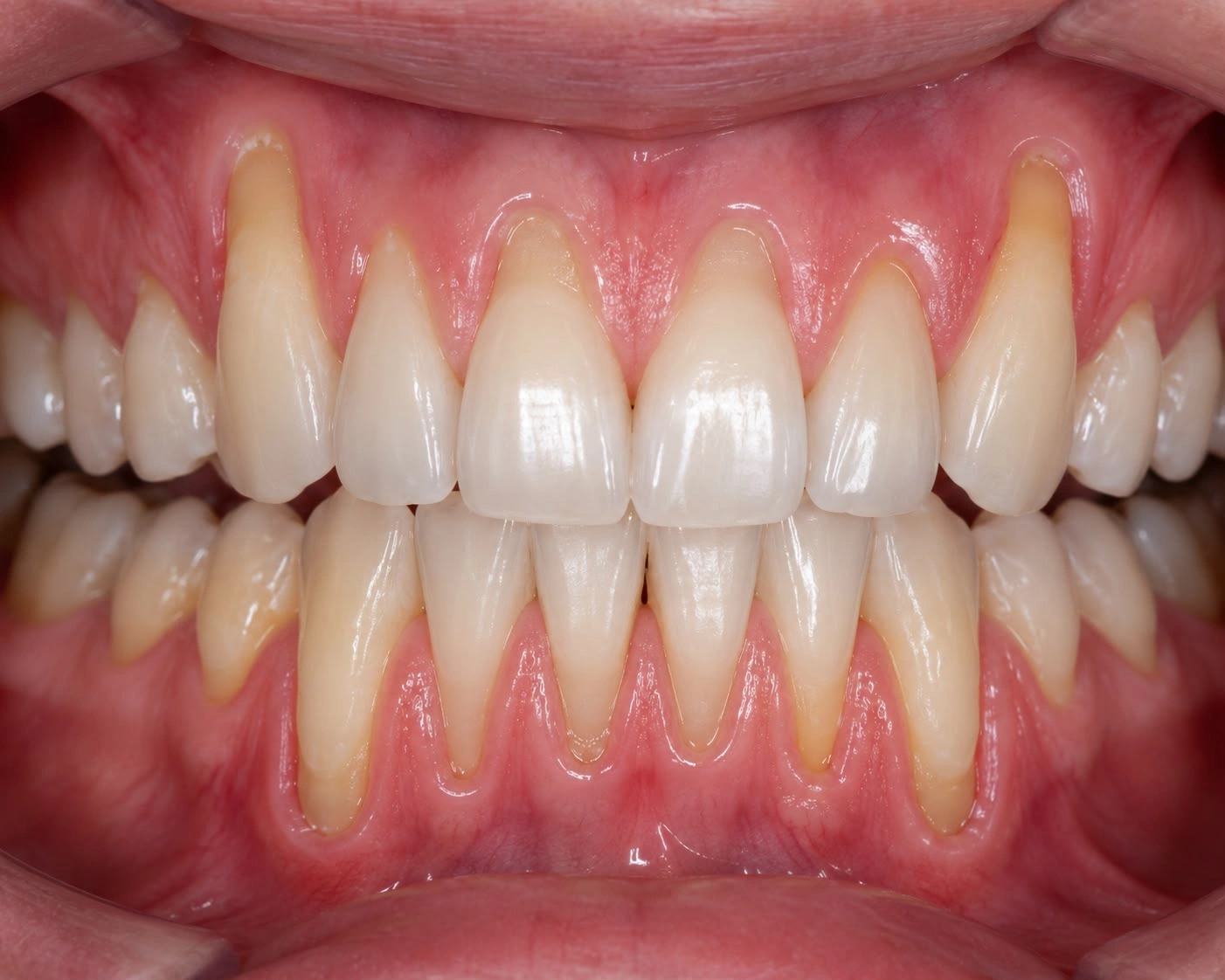 Close-up clinical view of generalized severe gum recession on both upper and lower teeth, showing highly exposed tooth roots and inflamed pink margins needing soft tissue and gum grafting treatment.
