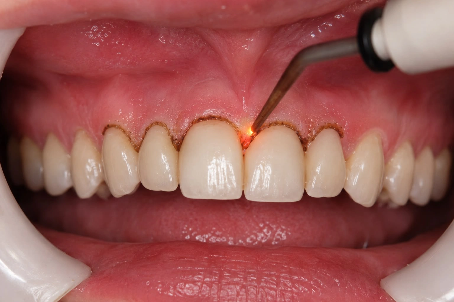Close-up clinical image of an electrocautery tool performing a cosmetic gingivectomy or crown lengthening procedure on the upper front teeth, showing precisely contoured gum margins with fine cauterized lines.
