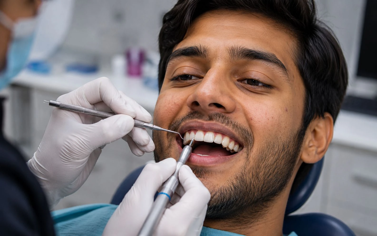 Close-up of a dentist polishing and shaping the upper front teeth of a smiling patient.
