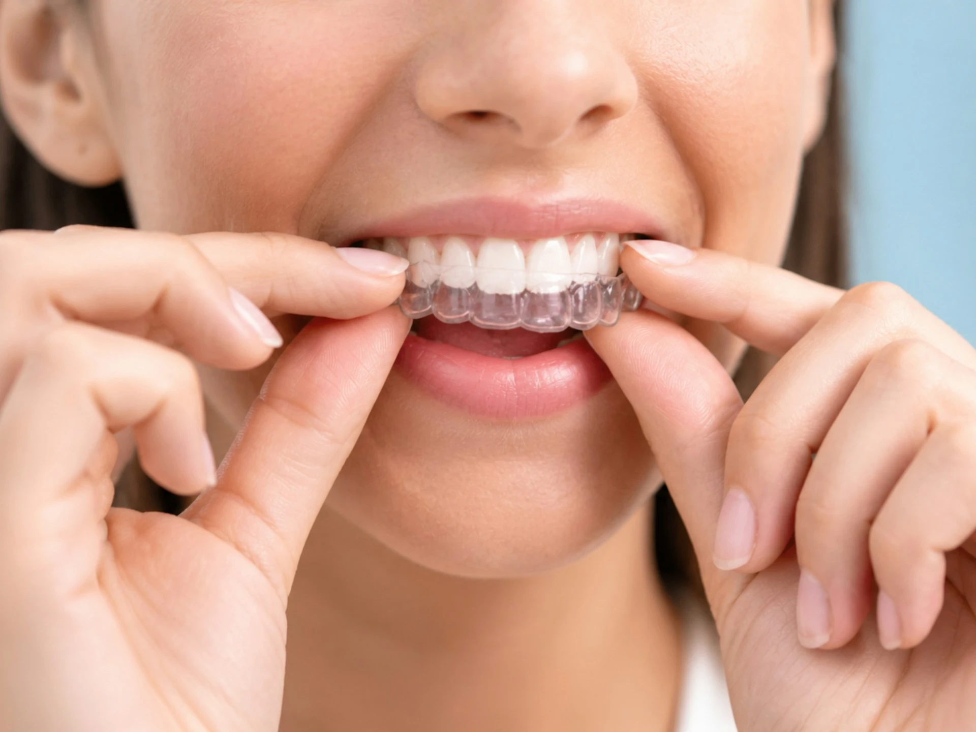 Close-up of a woman inserting a transparent Invisalign clear aligner tray onto her upper teeth.