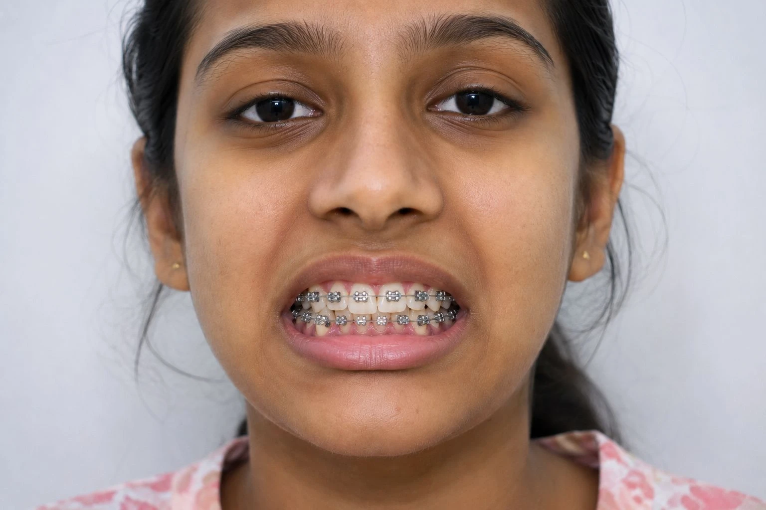 Close-up of a young woman showing traditional metal orthodontic brackets and wires on her upper and lower teeth.