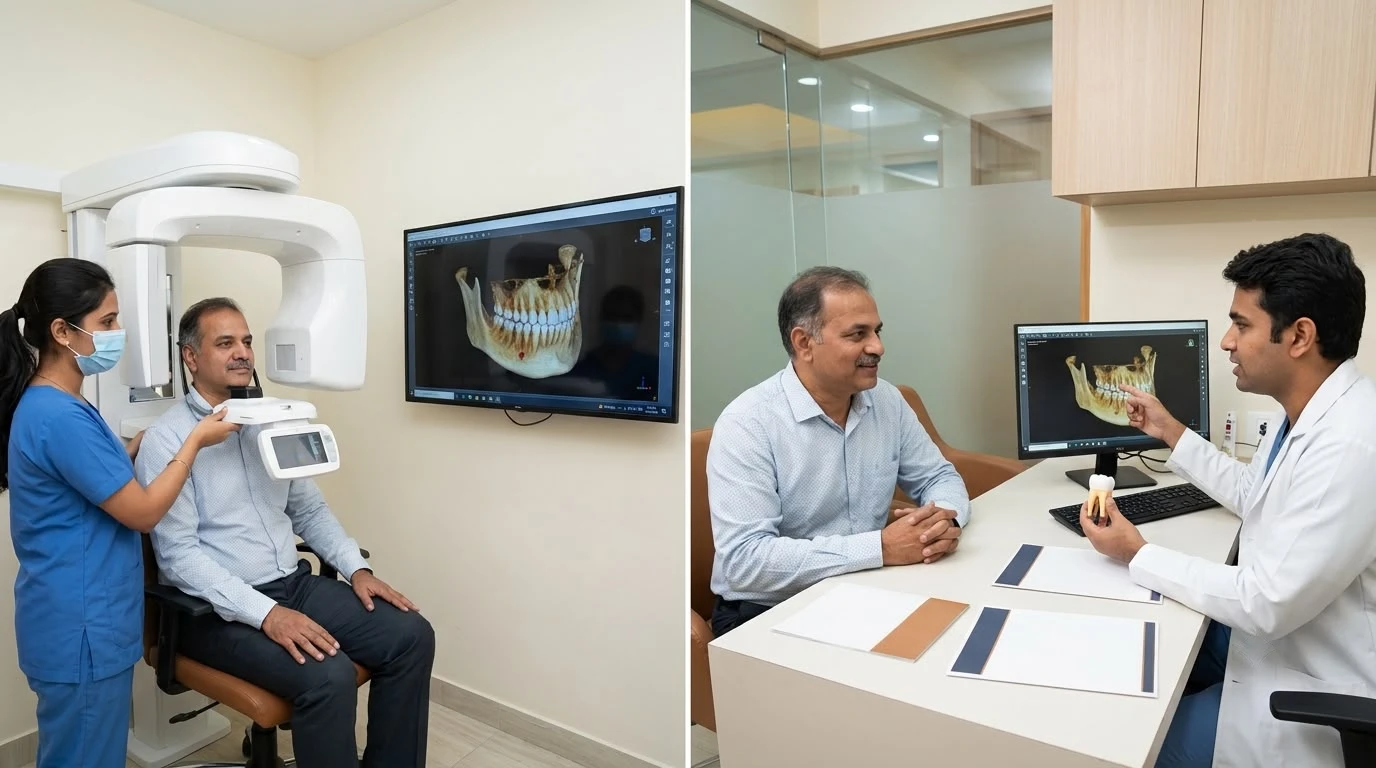 Dental assistant adjusting a 3D CBCT imaging machine and dentist explaining a jaw scan to a patient.