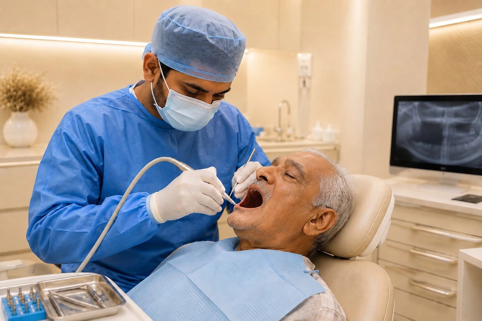Dental surgeon performing a surgical procedure on a patient in a dental chair.