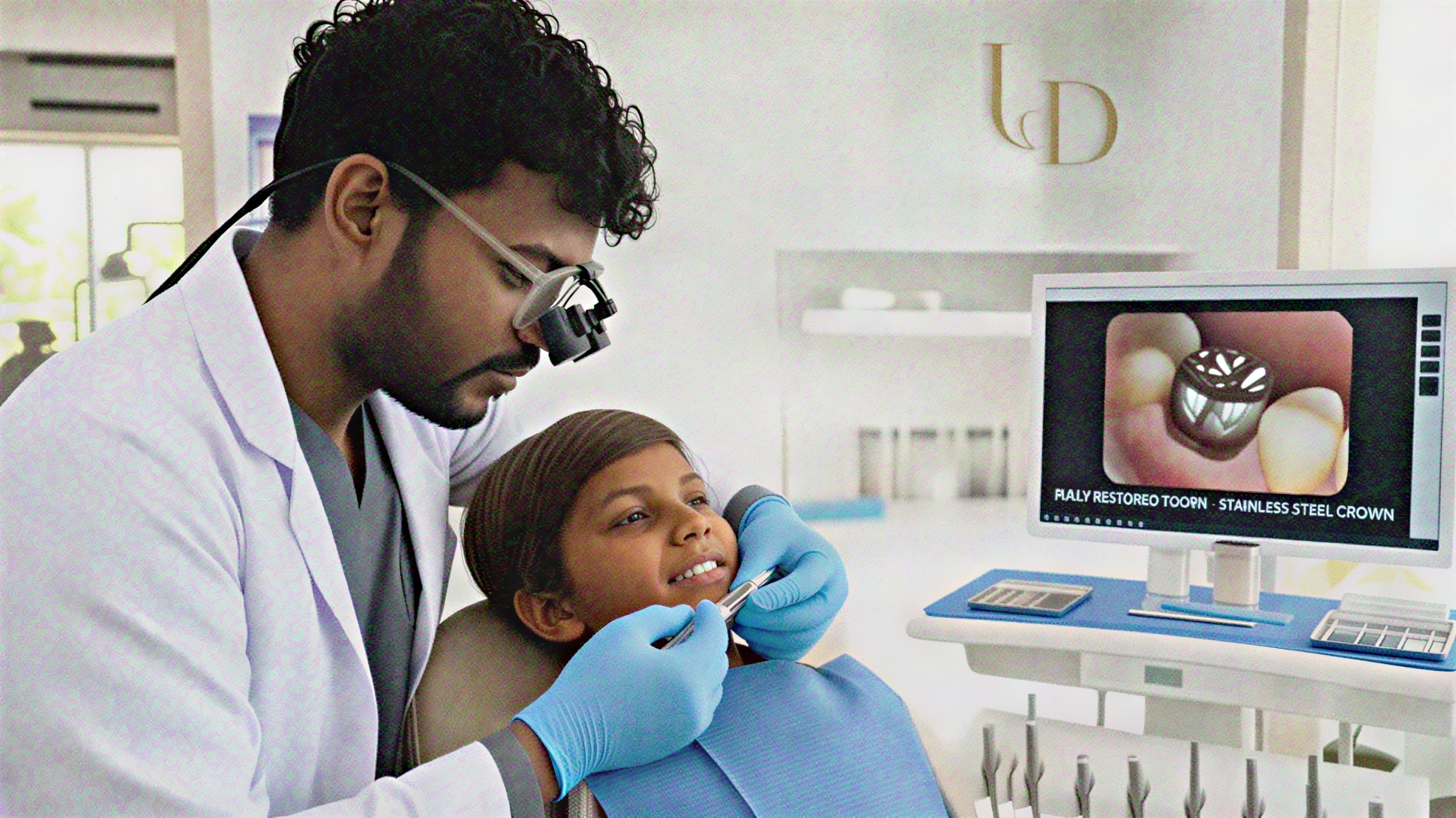 Dentist at Unique Dental Moula Ali clinic checking a child's stainless steel crown after treatment