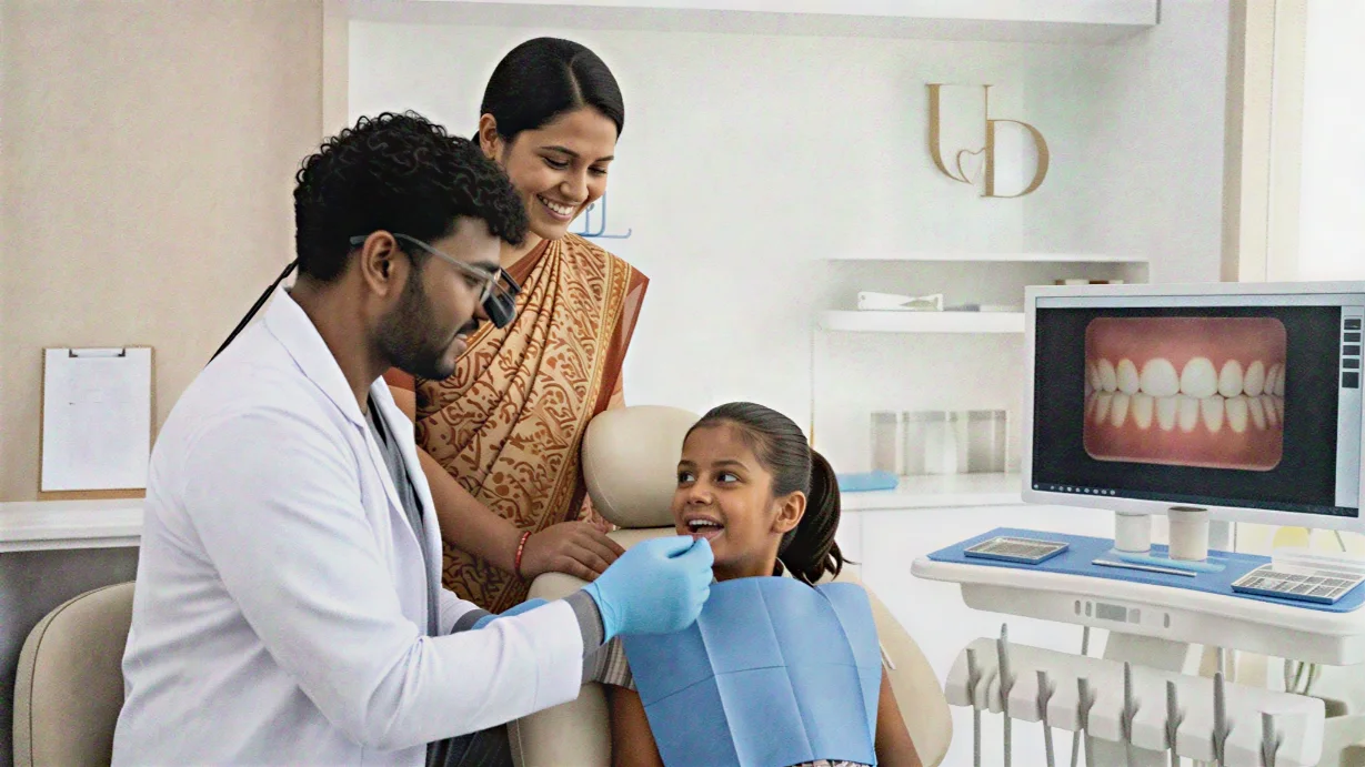Dentist at Unique Dental Moula Ali clinic performing an initial bite assessment on a young girl.