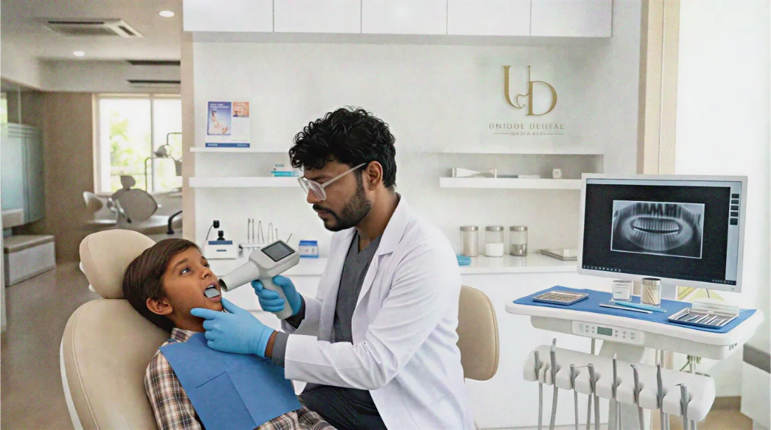 Dentist at Unique Dental Moula Ali clinic using a portable dental X-ray device on a child patient.