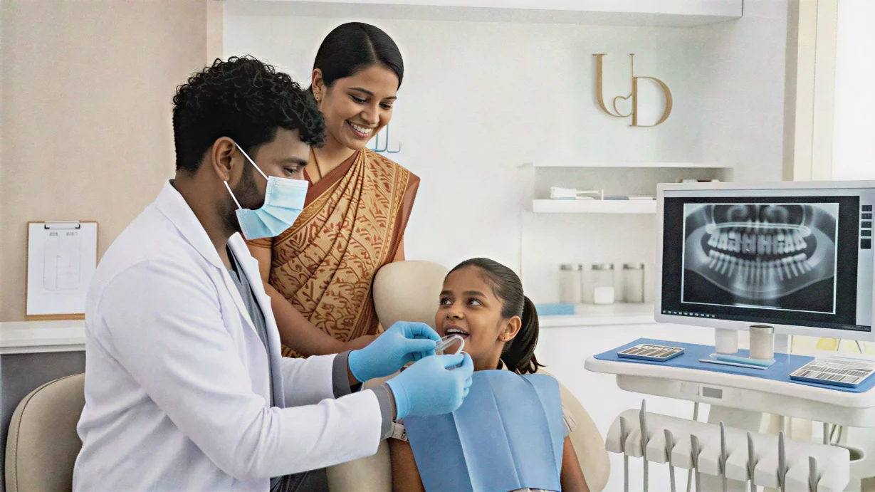 Dentist at Unique Dental Moula Ali fitting a clear habit-breaking appliance for a pediatric patient.