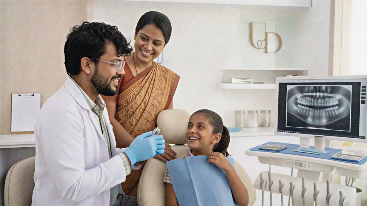 Dentist at Unique Dental Moula Ali holding an oral appliance while checking a smiling young girl.