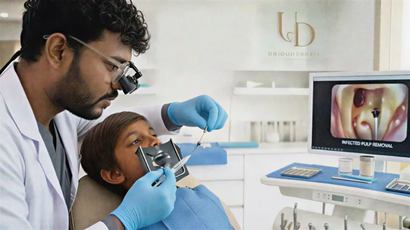 Dentist at Unique Dental clinic cleaning infected primary tooth pulp during a pediatric procedure.