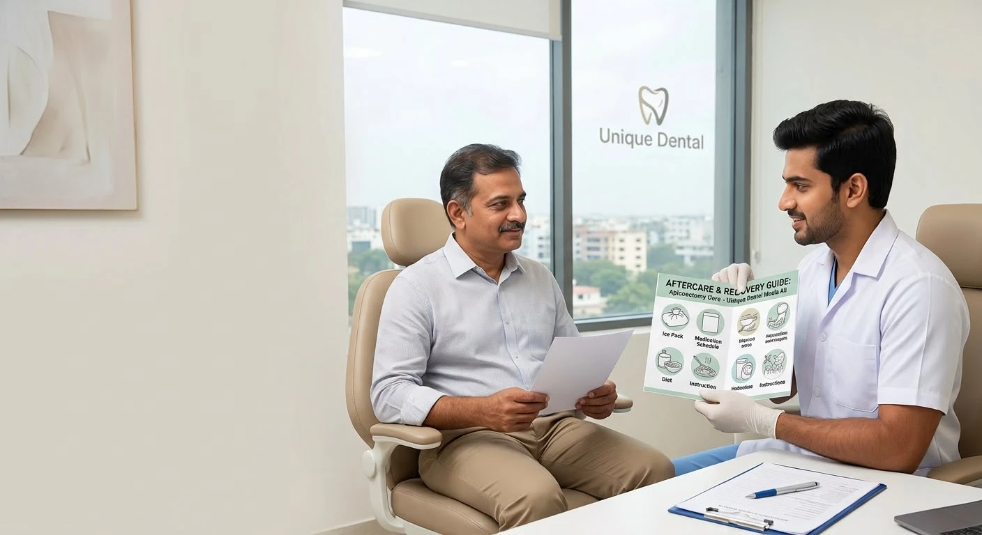 Dentist providing an apicoectomy aftercare and recovery guide to a patient
