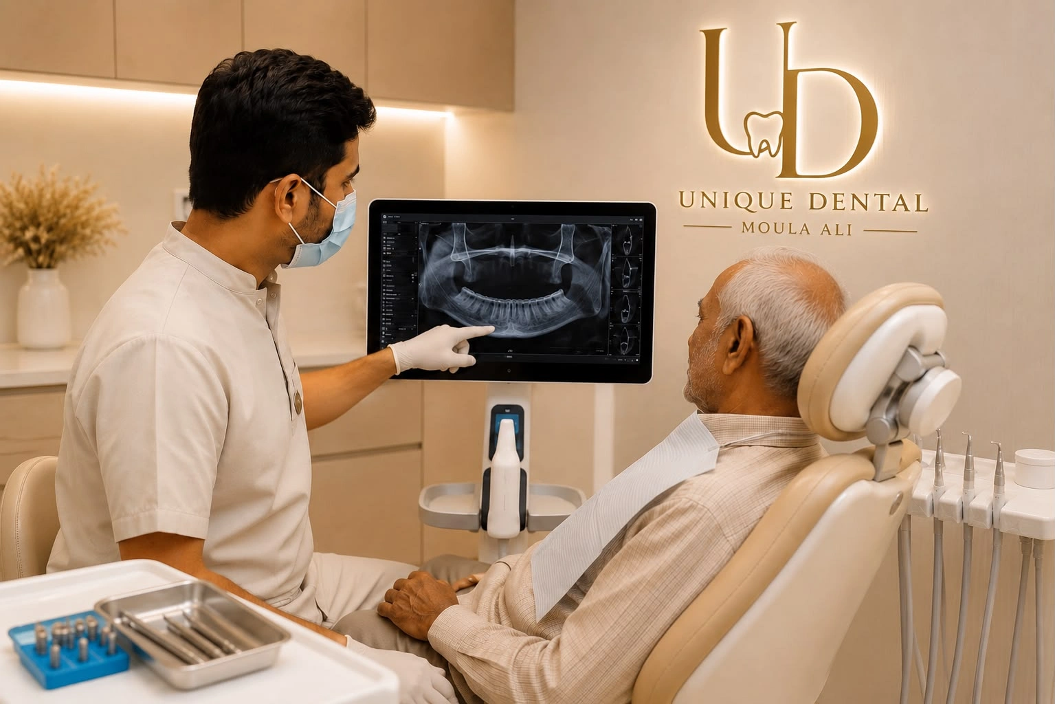 Dentist showing a digital jaw scan to a patient during an implant-supported dentures consultation.