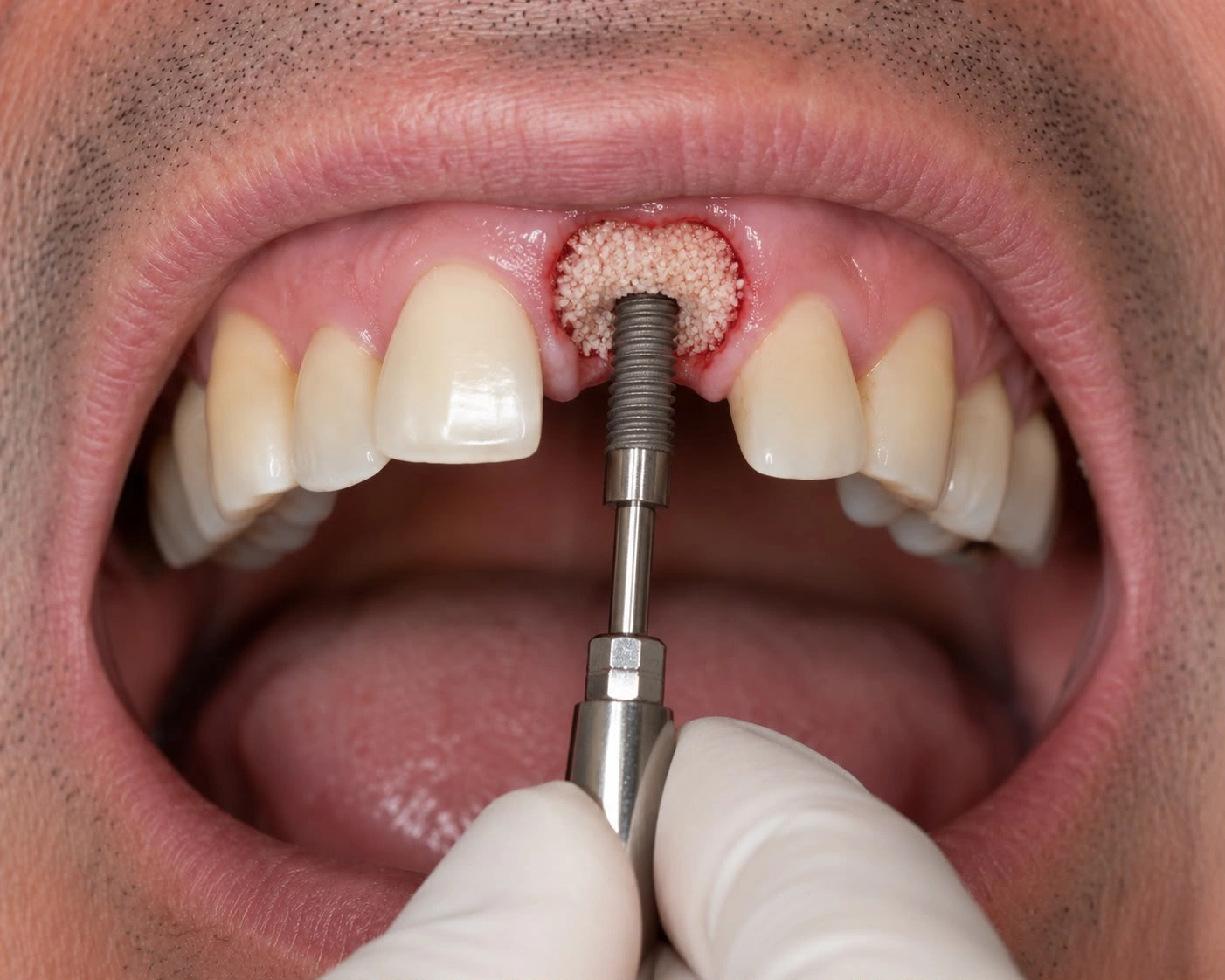 Close-up clinical image of a bone grafting procedure where granular bone substitute material is packed into a front tooth extraction socket using a specialized metal dental tool.