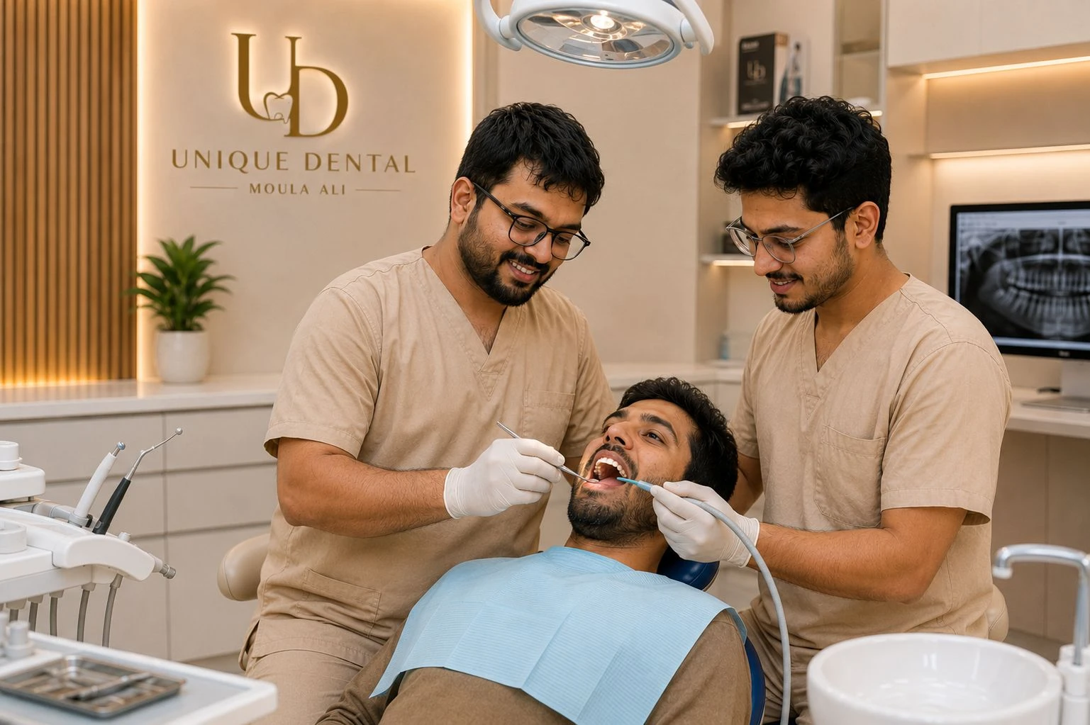 Dentists Dr. Rahmath and Dr. Ahmed collaborating during a routine procedure in a modern dental office.