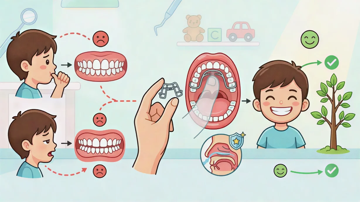 Diagram showing pediatric habit-breaking appliances correcting thumb sucking and mouth breathing.