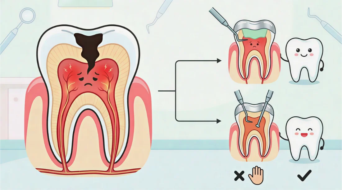 Diagram showing the difference between pulpotomy and pulpectomy treatments for a decayed primary tooth