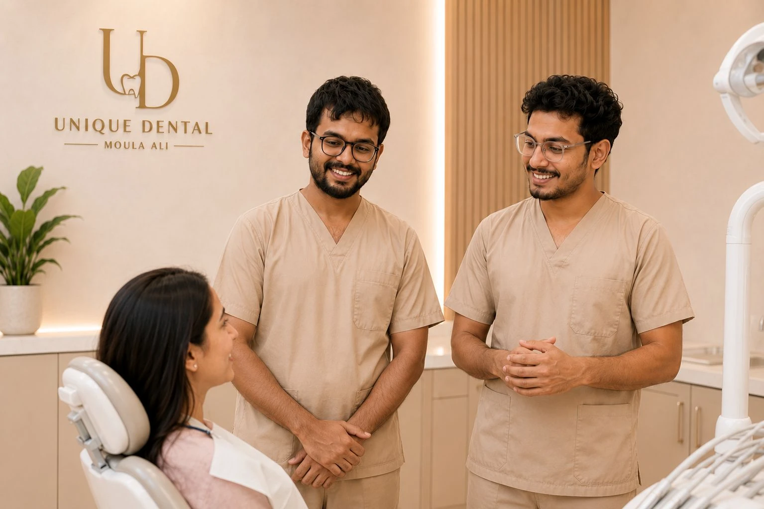 Dr. Rahmath and Dr. Ahmed speaking warmly with a patient at Unique Dental Moula Ali.