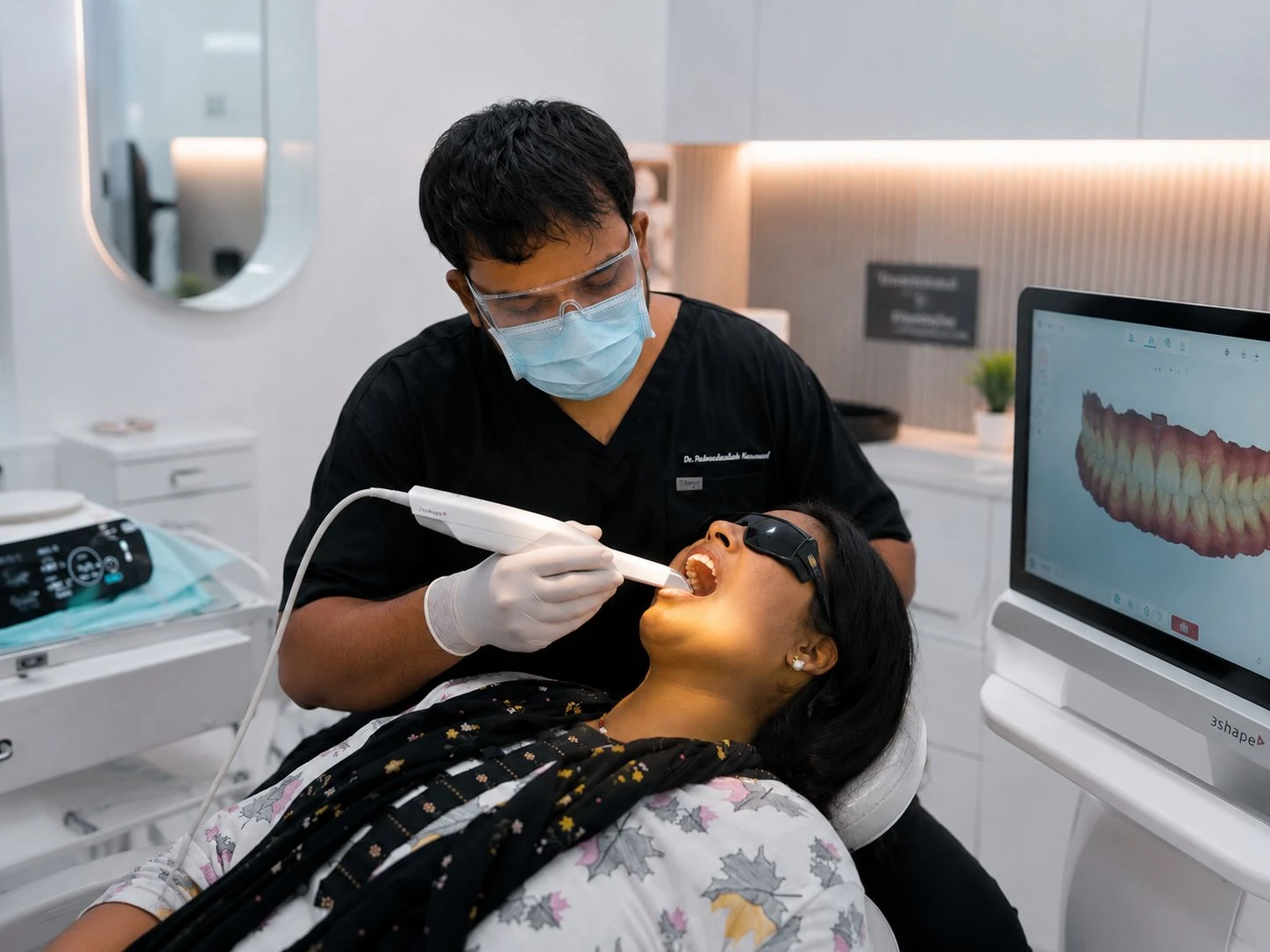 Dr. Rahmath using a handheld intraoral scanner to capture a digital model of a patient's mouth displayed on a 3Shape monitor