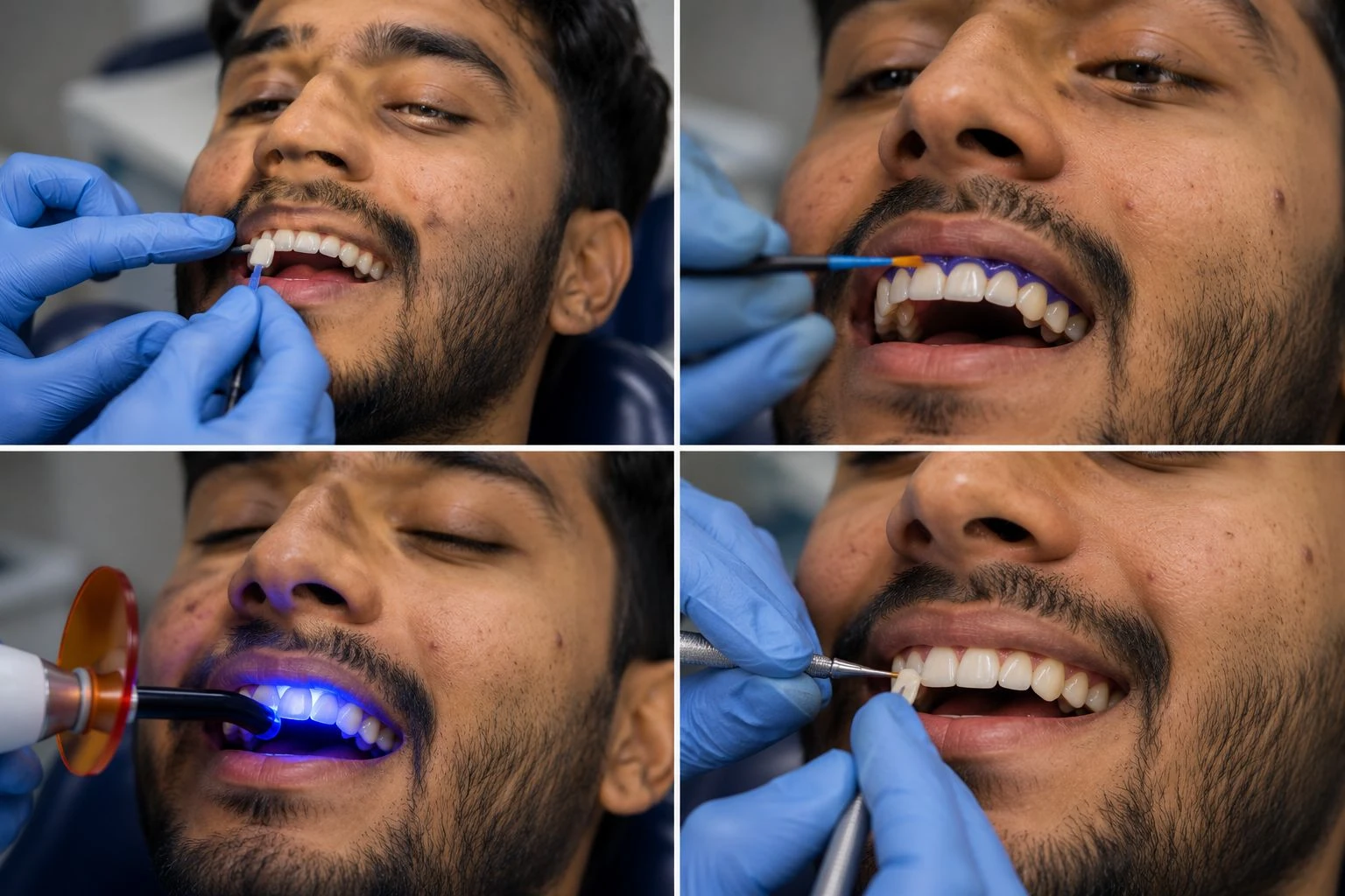 Four-panel clinical sequence showing the step-by-step process of a cosmetic composite dental bonding procedure.