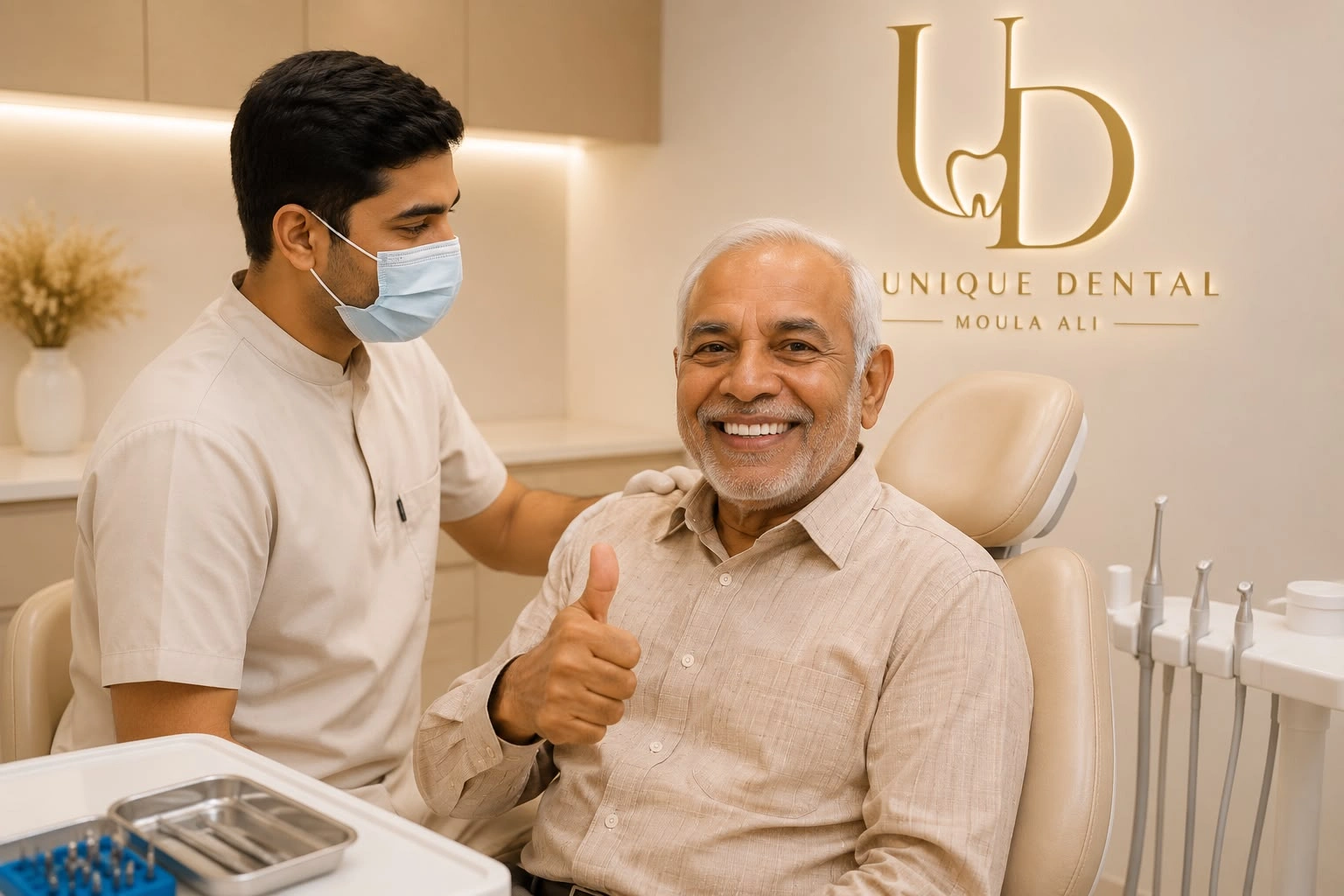Happy senior patient showing a thumbs-up after his final dental implant fitting.