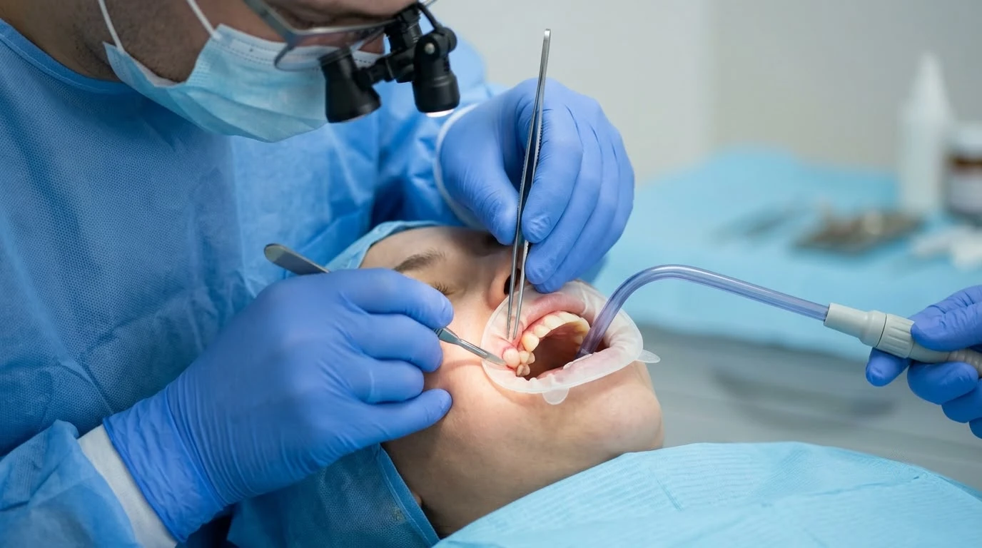 Oral specialist wearing sterile blue scrubs and surgical loupes performing a soft tissue cyst removal.