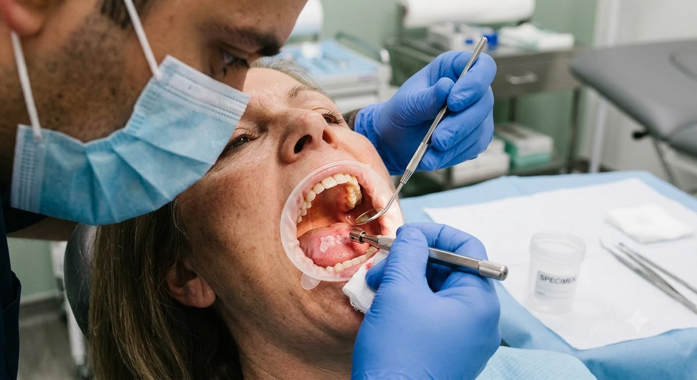Oral surgeon collecting a tissue sample during an oral cancer biopsy procedure.
