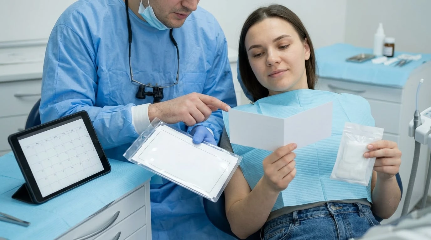 Oral surgeon explaining biopsy post-operative instructions to a patient holding healing gauze.