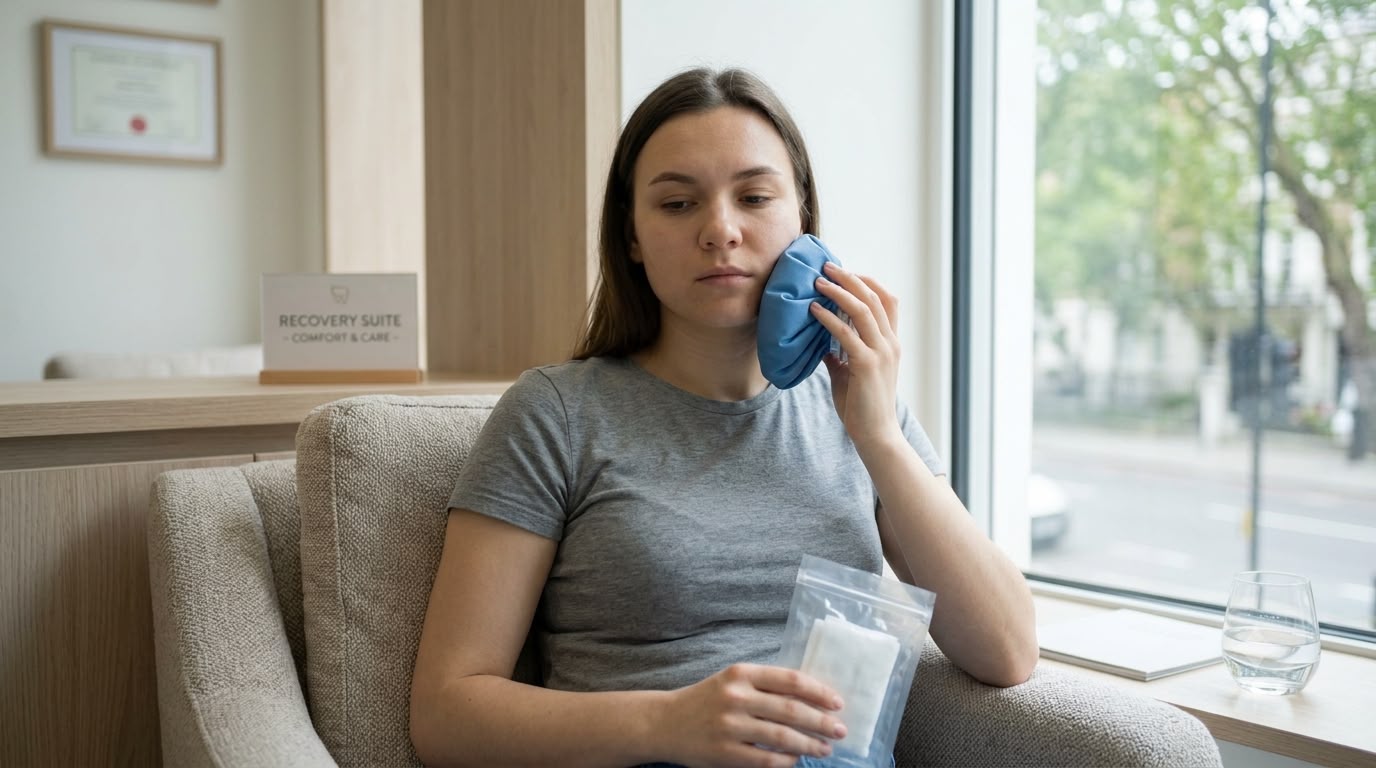 Patient applying a cold ice pack to her cheek for swelling relief in a dental clinic recovery suite.