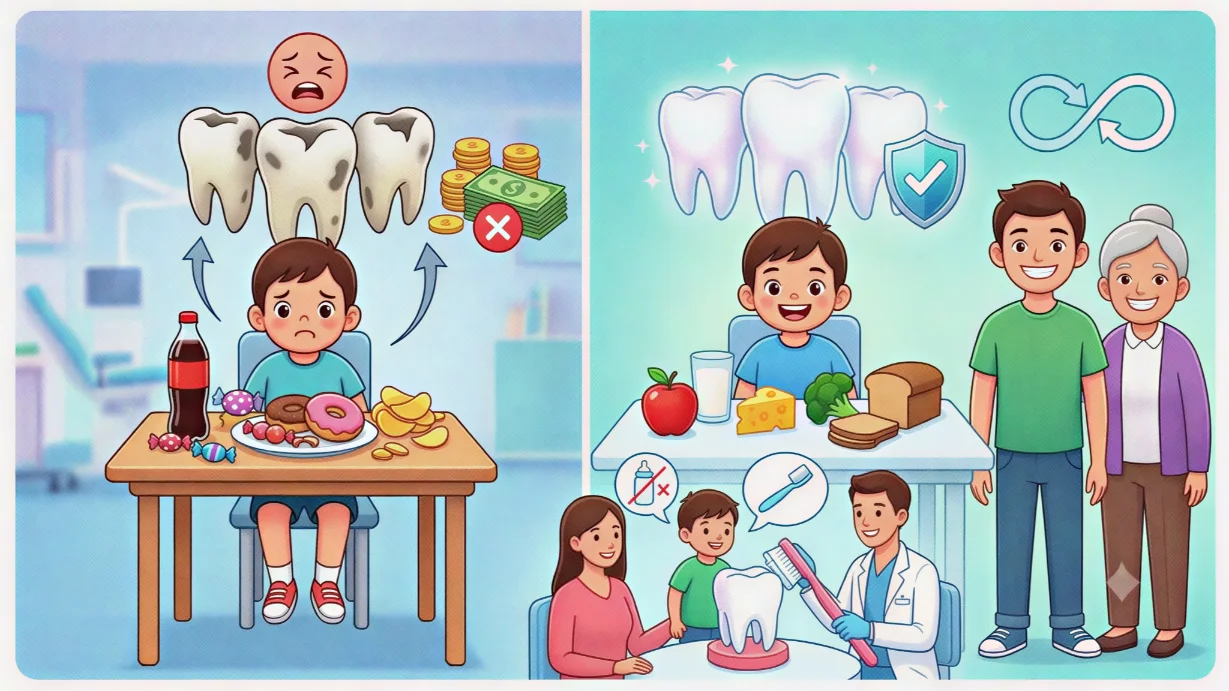 Pediatric dental chart illustrating how sugary snacks cause cavities versus healthy food choices.