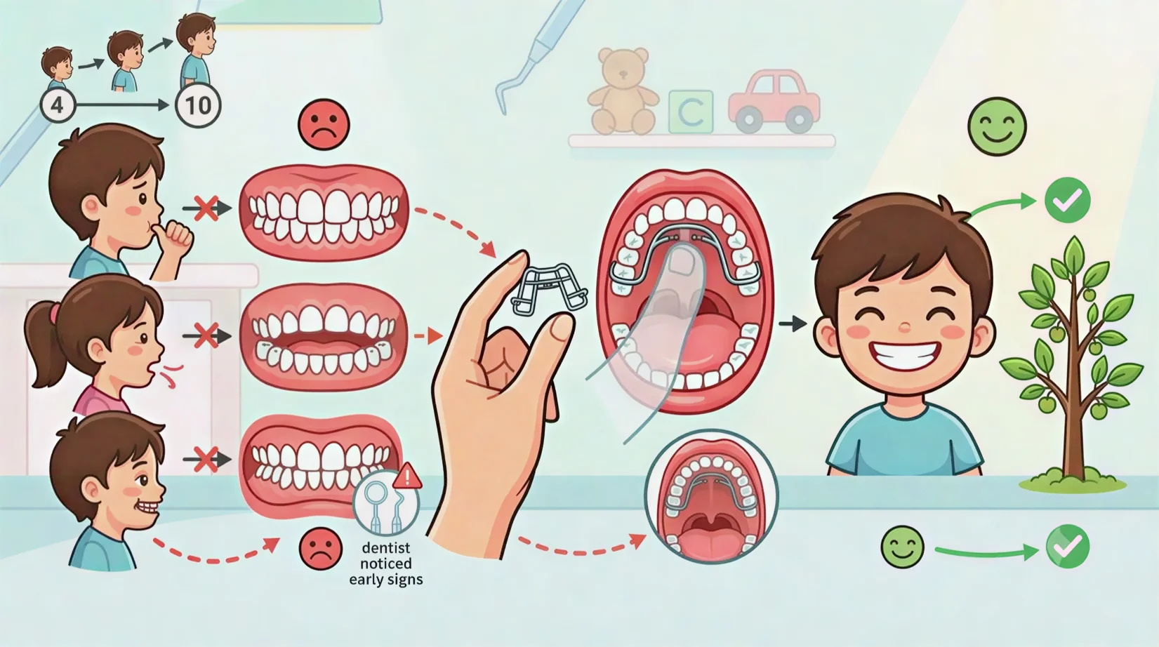 Pediatric dental chart showing ideal candidates aged 4 to 10 for habit-breaking appliance treatment.