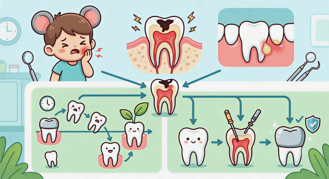 Pediatric dental chart showing symptoms of deep milk tooth decay and pulp treatment versus extraction options.