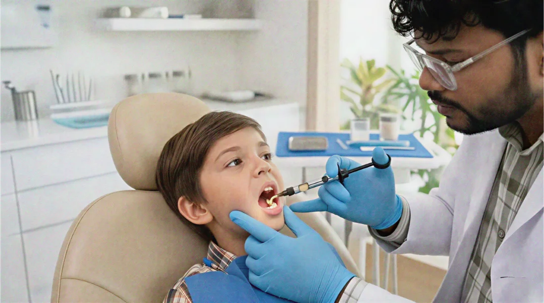 Pediatric dentist applying a tooth-colored composite filling material to a child's primary tooth