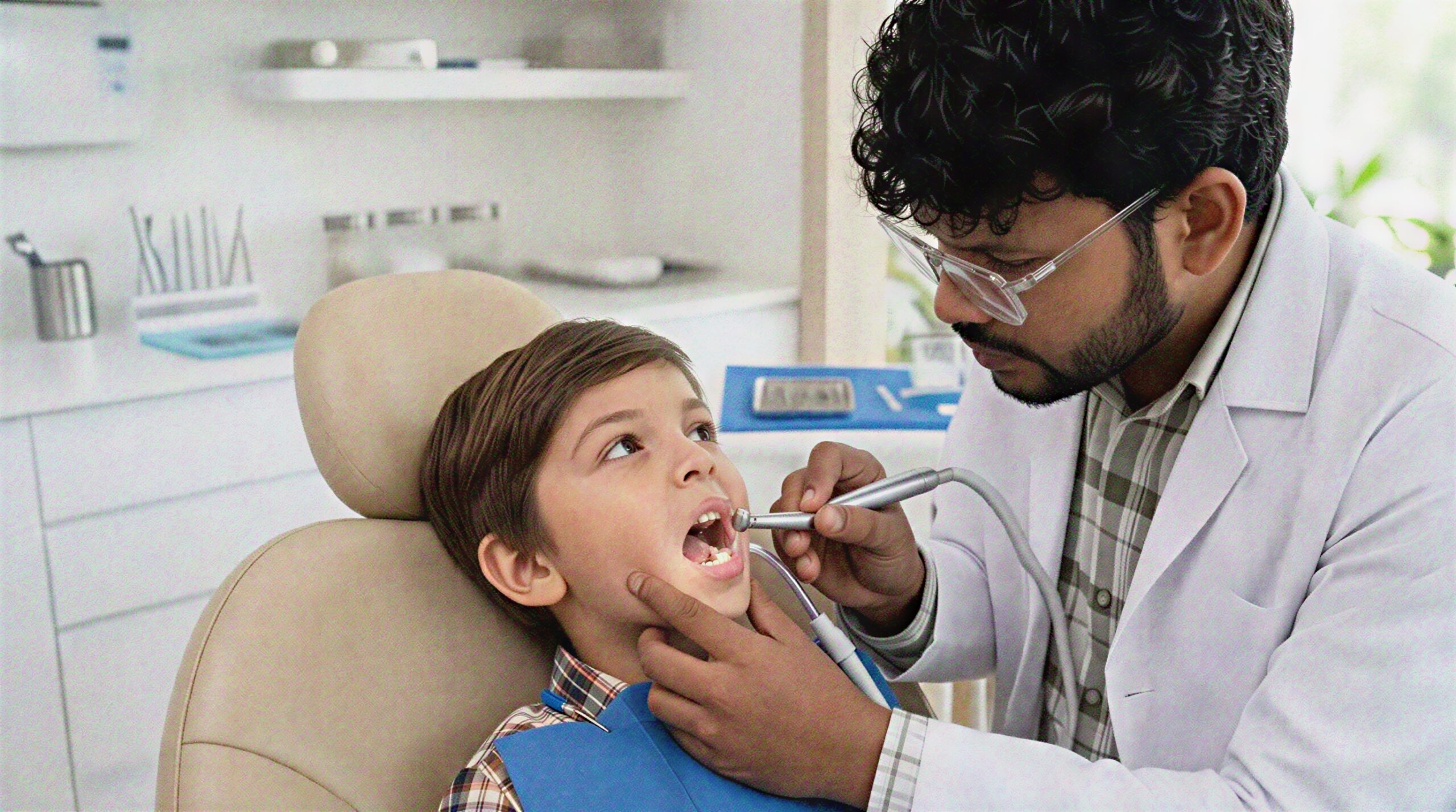 Pediatric dentist carefully removing decay from a child's primary tooth using gentle dental instruments
