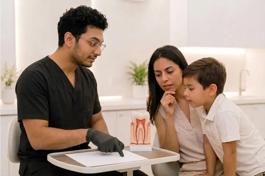 Pediatric dentist educating a mother and young patient with a large tooth cross-section model.