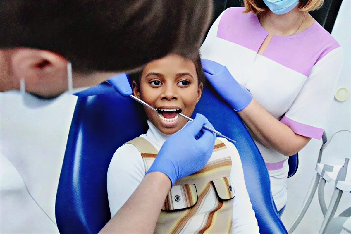 Pediatric dentist examining a childs teeth for cavities in a modern dental chair