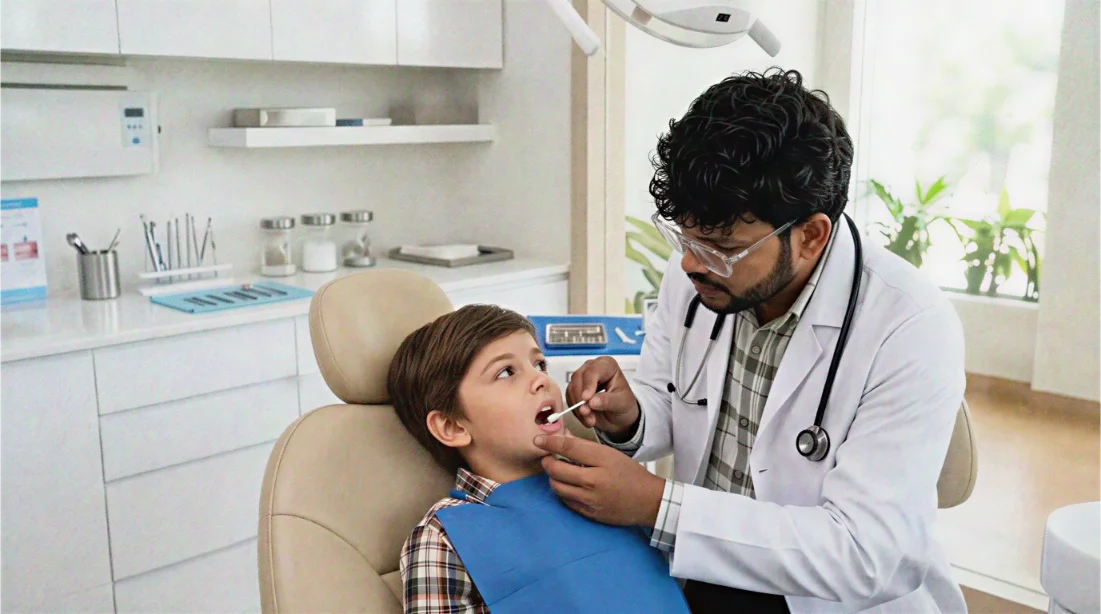 Pediatric dentist performing a gentle checkup and preparation for a child's milk teeth filling