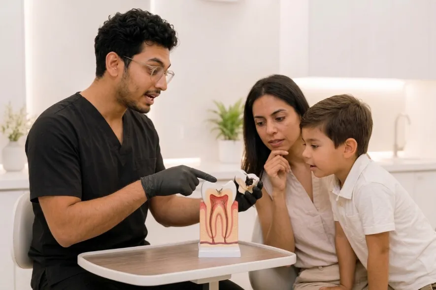 Pediatric dentist using an anatomical tooth model to explain dental health to a smiling mother and son.