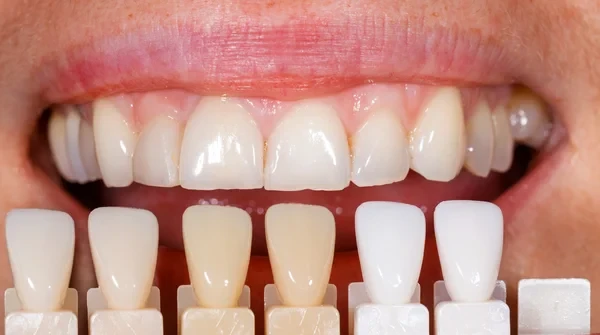 The shade of the teeth is determined using a shade guide.