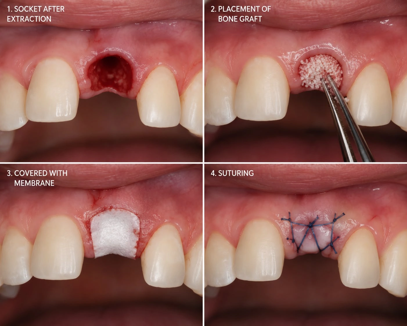 Four-step dental clinical sequence showing socket preservation bone grafting: 1. Empty extraction socket, 2. Placement of granular bone graft material with dental tweezers, 3. Socket covered with a white collagen membrane, 4. Final suturing with blue surgical stitches over the gum tissue.